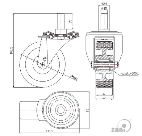 Koło aluminiowo-poliuretanowe 100 mm w obudowie z trzpieniem ø15x35 A14P*15, rysunek techniczny z wymiarami