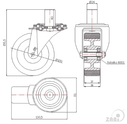Koło aluminiowo-poliuretanowe 100 mm w obudowie z trzpieniem ø24x35 A14P*24, rysunek techniczny z wymiarami