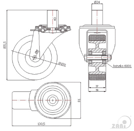 Koło aluminiowo-poliuretanowe 100 mm w obudowie z trzpieniem ø24x35 A14P*24, rysunek techniczny z wymiarami
