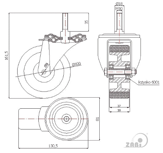 Koło aluminiowo-poliuretanowe 100 mm w obudowie z trzpieniem M10x35 A14P*M10, rysunek techniczny z wymiarami