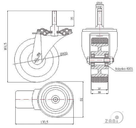 Koło aluminiowo-poliuretanowe 100 mm w obudowie z trzpieniem M10x35 A14P*M10, rysunek techniczny z wymiarami