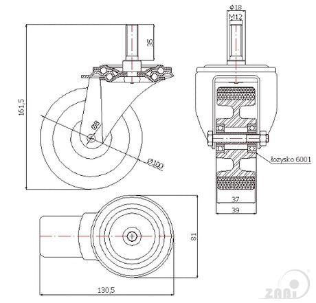 Koło aluminiowo-poliuretanowe 100 mm w obudowie z trzpieniem M12x35 A14P*M12, rysunek techniczny z wymiarami
