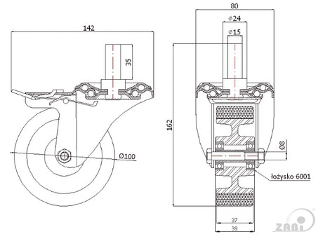 Koło aluminiowo-poliuretanowe 100 mm w obudowie z trzpieniem ø15x35 i hamulcem A16PH*15, rysunek techniczny