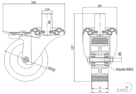 Koło aluminiowo-poliuretanowe 100 mm w obudowie z trzpieniem ø24x35 i hamulcem A16PH*24, rysunek techniczny