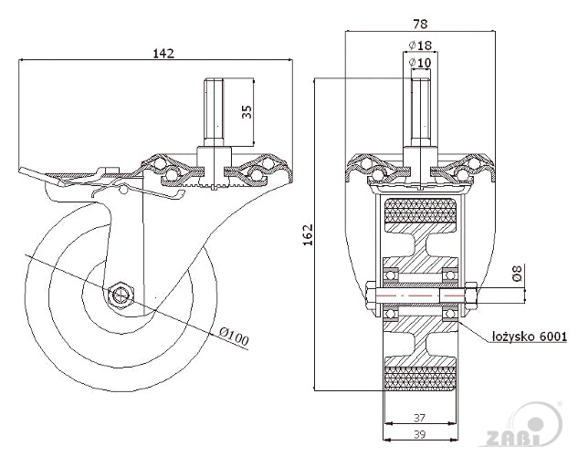 Koło aluminiowo-poliuretanowe 100 mm w obudowie z trzpieniem M10x35 i hamulcem A16PH*M10, rysunek techniczny