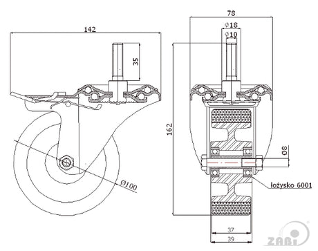 Koło aluminiowo-poliuretanowe 100 mm w obudowie z trzpieniem M10x35 i hamulcem A16PH*M10, rysunek techniczny