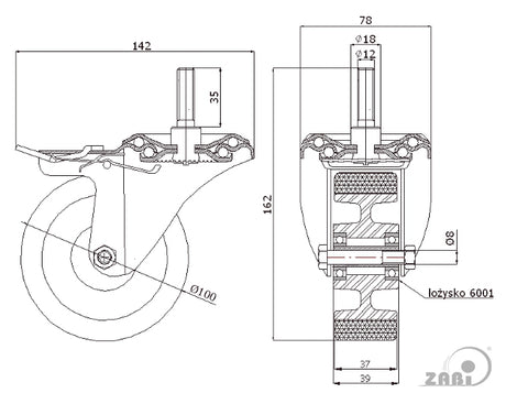 Koło aluminiowo-poliuretanowe 100 mm w obudowie z trzpieniem M12x35 i hamulcem A16PH*M12, rysunek techniczny