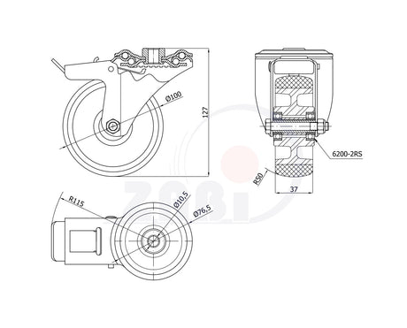 Koło aluminiowo-poliuretanowe 100 mm w obudowie z otworem i hamulcem A17PH, rysunek techniczny z wymiarami