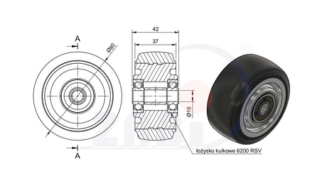 Koło aluminiowo-gumowe 80 mm otwór 10 mm A1GL, rysunek techniczny z wymiarami