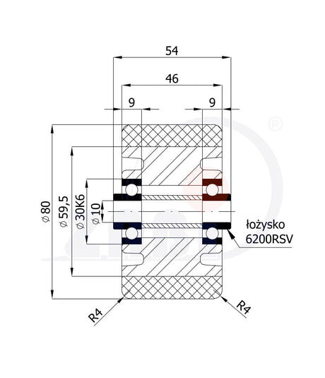 Koło aluminiowo-poliuretanowe 80 mm otwór 10 mm A1P, rysunek techniczny z wymiarami