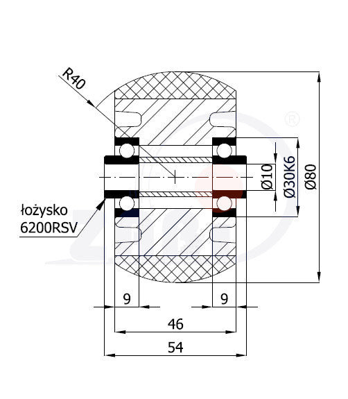 Koło aluminiowo-poliuretanowe 80 mm otwór 10 mm A1PR, rysunek techniczny z wymiarami