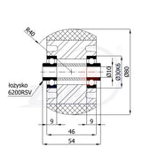 Koło aluminiowo-poliuretanowe 80 mm otwór 10 mm A1PR, rysunek techniczny z wymiarami
