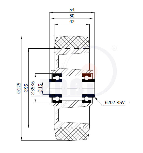 Koło aluminiowo-gumowe 125 mm otwór 15 mm A20GS, rysunek techniczny z wymiarami