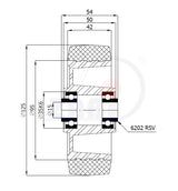 Koło aluminiowo-gumowe 125 mm otwór 15 mm A20GS, rysunek techniczny z wymiarami