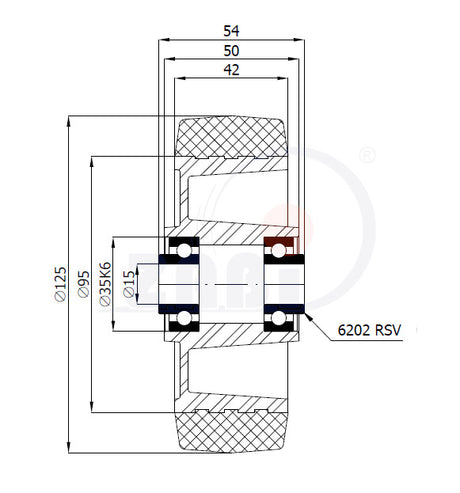 Koło aluminiowo-gumowe 125 mm otwór 15 mm A20GS, rysunek techniczny z wymiarami