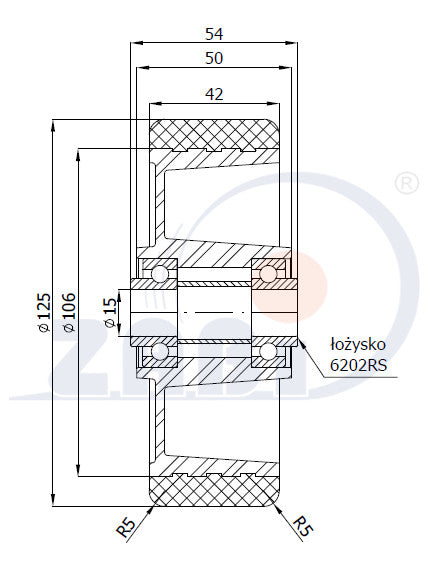 Koło aluminiowo-poliuretanowe 125 mm otwór 15 mm A20P, rysunek techniczny z wymiarami