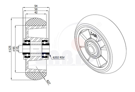 Koło aluminiowo-poliuretanowe 125 mm otwór 15 mm A20PR, rysunek techniczny z wymiarami