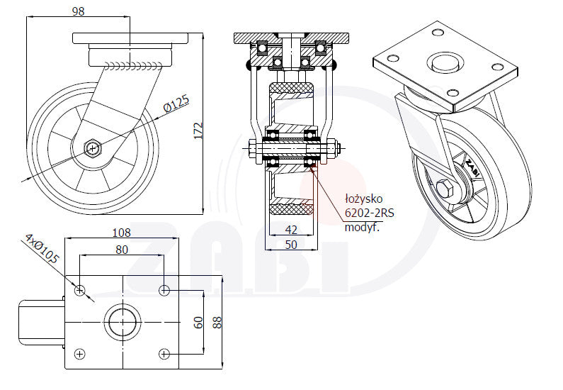 Koło aluminiowo-poliuretanowe 125 mm w obudowie skrętnej spawanej A22PD, rysunek techniczny z wymiarami