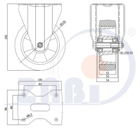 Koło aluminiowo-gumowe 125 mm w obudowie stałej A23GSW, rysunek techniczny z wymiarami