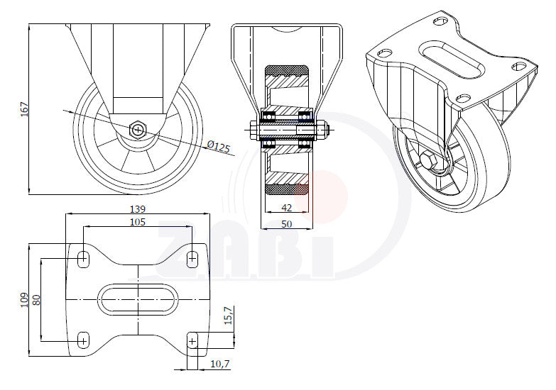 Koło aluminiowo-poliuretanowe 125 mm w obudowie stałej A23P, rysunek techniczny z wymiarami