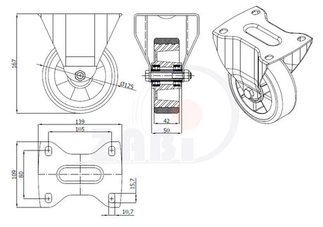 Koło aluminiowo-poliuretanowe 125 mm w obudowie stałej A23P, rysunek techniczny z wymiarami