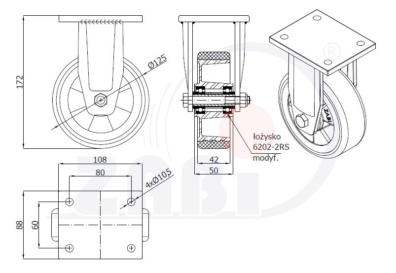 Koło aluminiowo-poliuretanowe 125 mm w obudowie stałej spawanej A23PD, rysunek techniczny z wymiarami