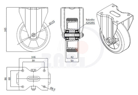 Koło aluminiowo-poliuretanowe 125 mm w obudowie stałej A23PW, rysunek techniczny z wymiarami