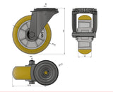Koło aluminiowo-poliuretanowe 125 mm w obudowie skrętnej z otworem A27MPR/10, rysunek techniczny z wymiarami