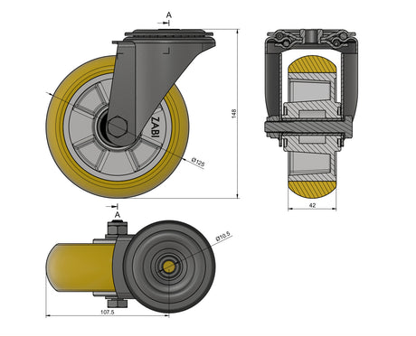 Koło aluminiowo-poliuretanowe 125 mm w obudowie skrętnej z otworem A27MPR/10, rysunek techniczny z wymiarami