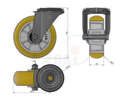 Koło aluminiowo-poliuretanowe 125 mm w obudowie skrętnej z otworem A27MPR, rysunek techniczny z wymiarami