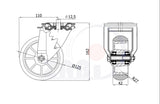 Koło aluminiowo-poliuretanowe 125 mm w obudowie skrętnej z otworem A27PR, rysunek techniczny z wymiarami