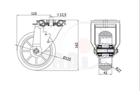 Koło aluminiowo-poliuretanowe 125 mm w obudowie skrętnej z otworem A27PR, rysunek techniczny z wymiarami