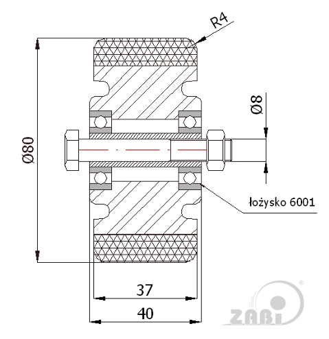 Koło aluminiowo-poliuretanowe 80 mm z zestawem montażowym A2PL, rysunek techniczny z wymiarami