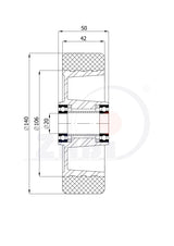Koło aluminiowo-poliuretanowe 140 mm otwór 20 mm A30P/20, rysunek techniczny z wymiarami