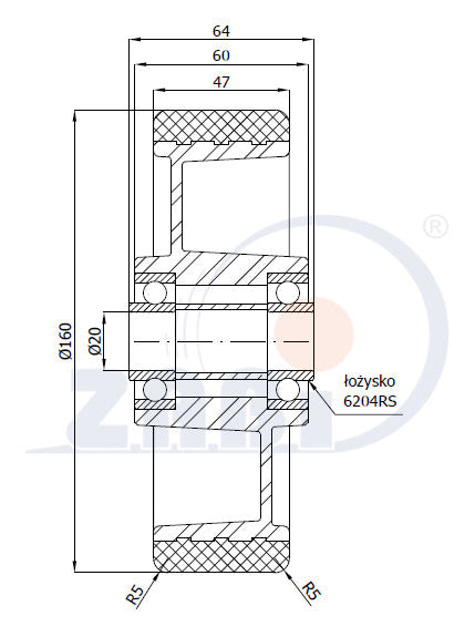 Koło aluminiowo-poliuretanowe 160 mm otwór 20 mm A40P, rysunek techniczny z wymiarami