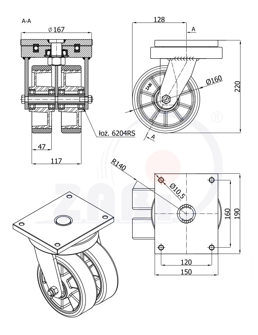 Koło aluminiowo-poliuretanowe 160 mm w obudowie skrętnej spawanej A42PD2, rysunek techniczny z wymiarami