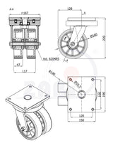 Koło aluminiowo-poliuretanowe 160 mm w obudowie skrętnej spawanej A42PD2, rysunek techniczny z wymiarami