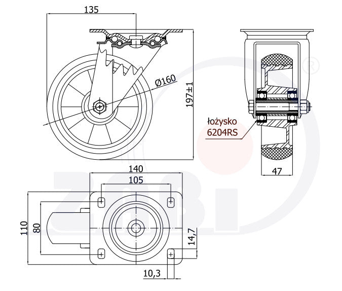 Koło aluminiowo-poliuretanowe 160 mm w obudowie skrętnej A42PR, rysunek techniczny z wymiarami