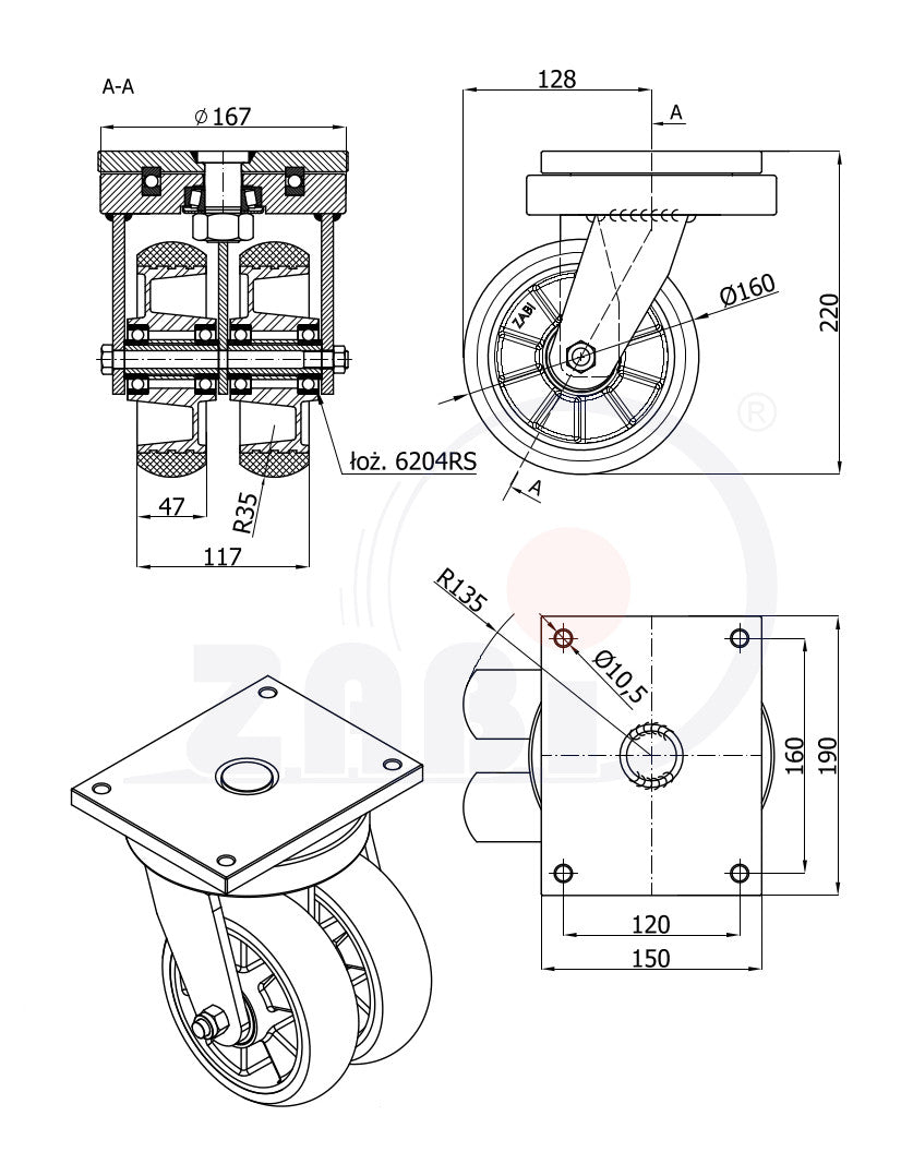 Koło aluminiowo-poliuretanowe 160 mm w obudowie skrętnej spawanej A42PRD2, rysunek techniczny z wymiarami