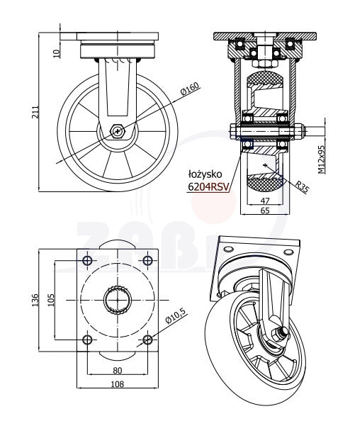Koło aluminiowo-poliuretanowe 160 mm w obudowie skrętnej spawanej A42PRDY, rysunek techniczny z wymiarami