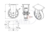 Koło aluminiowo-poliuretanowe 160 mm w obudowie stałej spawanej A43PD, rysunek techniczny z wymiarami