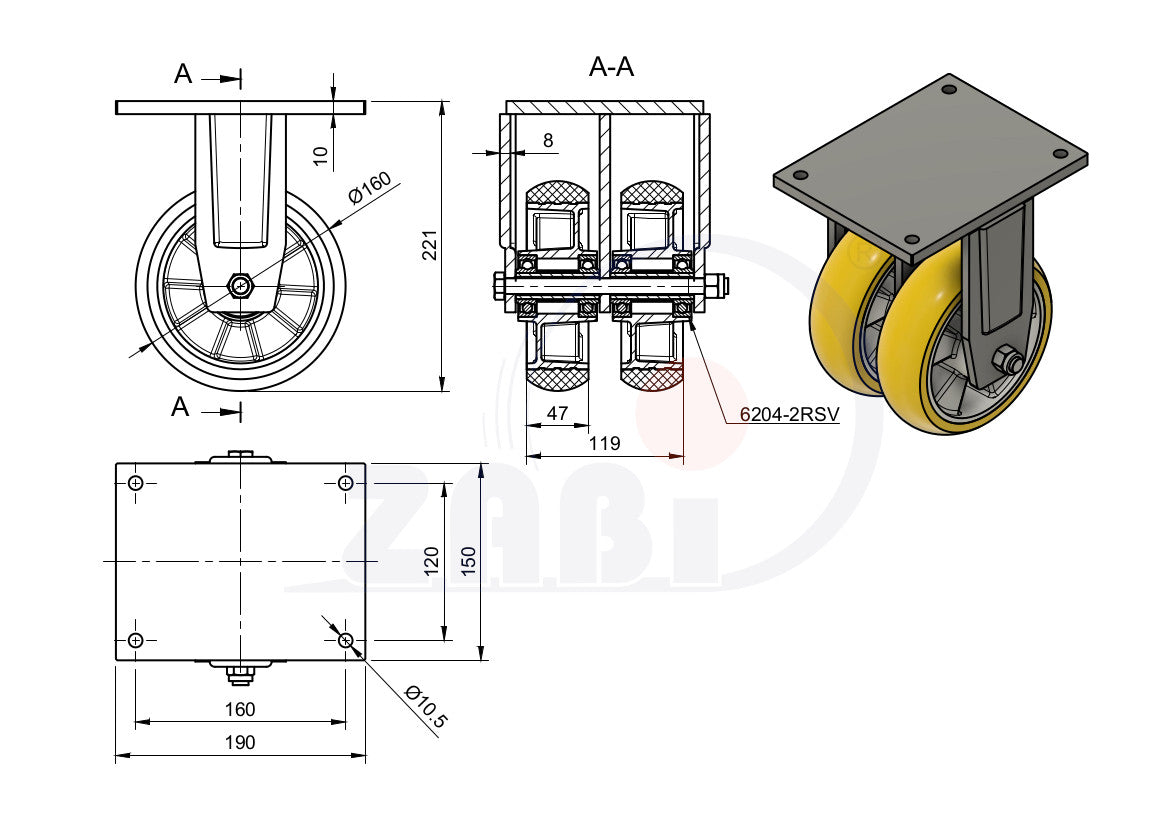 Koło aluminiowo-poliuretanowe 160 mm w obudowie stałej spawanej A43PRD2, rysunek techniczny z wymiarami