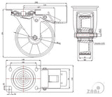Koło aluminiowo-poliuretanowe 160 mm w obudowie skrętnej z hamulcem A45PWH, rysunek techniczny z wymiarami