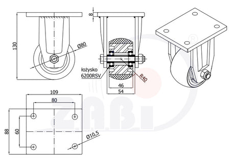 Koło aluminiowo-poliuretanowe 80 mm w obudowie stałej spawanej A4PRD, rysunek techniczny z wymiarami