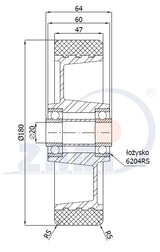 Koło aluminiowo-poliuretanowe 180 mm otwór 20 mm A50P, rysunek techniczny z wymiarami