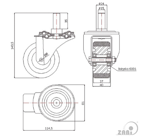 Koło aluminiowo-poliuretanowe 80 mm w obudowie z trzpieniem ø15x35 A5P*15, rysunek techniczny z wymiarami