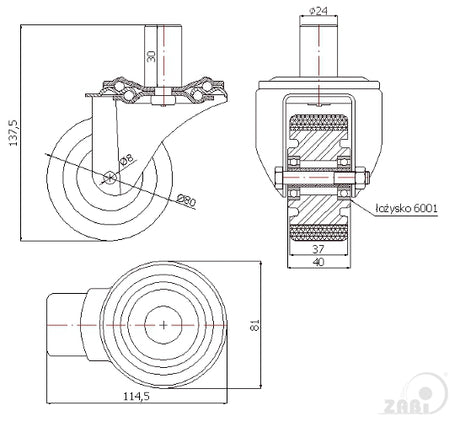 Koło aluminiowo-poliuretanowe 80 mm w obudowie z trzpieniem ø24x35 A5P*24, rysunek techniczny z wymiarami
