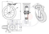 Koło aluminiowo-gumowe 200 mm w obudowie skrętnej A62GW, rysunek techniczny z wymiarami