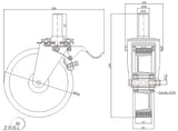 Koło aluminiowo-poliuretanowe 200 mm w obudowie z trzpieniem ø25x65 i hamulcem A66PH*25, rysunek techniczny