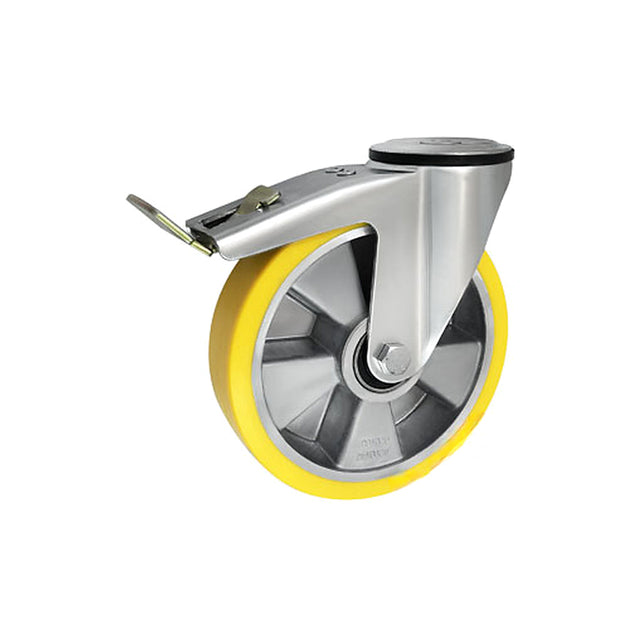 Koło aluminiowo-poliuretanowe 200 mm w obudowie z otworem i hamulcem A67PH